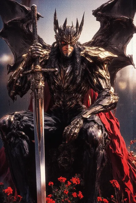 A retro anime style, ((A handsome man)), (wearing a formidable royal crown: 1.3), Adorned with bat wings on his crown, his face is full of power and determination, wearing an elegant royal robe over a black metal armor and tight leather suit. He wears a re...