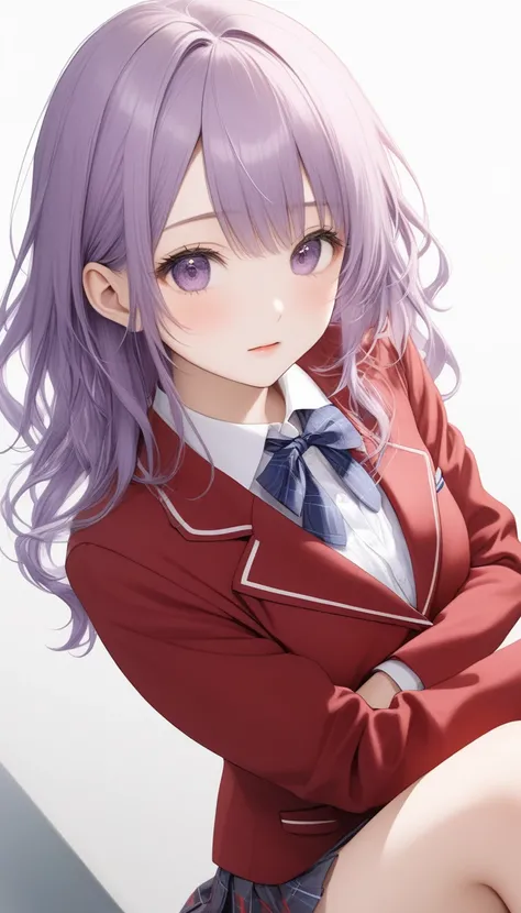  ONE CUTE -OLD GIRL ,Young Face、 slim figure、 thin legs、８Head to Body、((Beautiful light purple hair))、( inner color)、((Grown up hairstyle))、((Wear a school uniform with a red blazer with a stylish pattern, and the shirt is a rough look where you can see th...