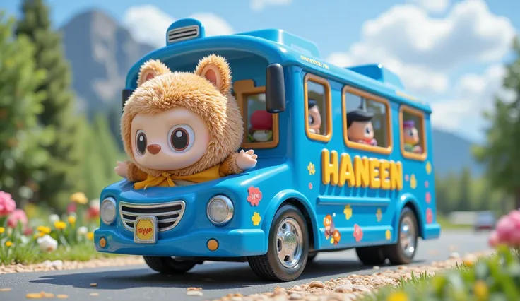 Tayo's bus is blue, colored text "Haneen Hanum", with a very happy face with Labubu, a cute brown furry doll-like character happy, can't wait anymore,
Get on the Tayo bus, adventure awaits!