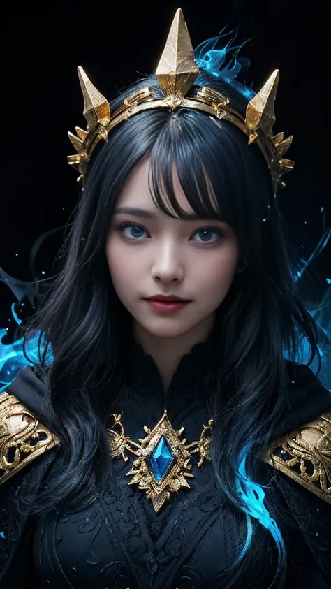 darkness cool girl,(blue wave hair),(glowing light blue eyes),(wearing black wizardlike armor and Intricate gold and glowing crystal headdress on her head and black cloak 1.5),(blue flame in her hand 1.5 ),( Fearless smile 1.2),((blue flame effect, black b...