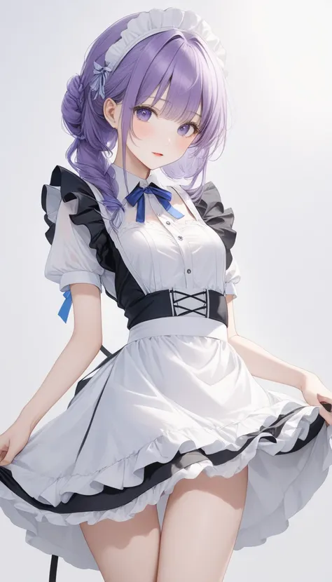  ONE CUTE -OLD GIRL ,Young Face、 slim figure、 thin legs、８Head to Body、((Beautiful thin blue-purple hair ))、( inner color)、((Grown up hairstyle))、((Stylish and revealing maid clothes))、 lens flare,Natural colors,  high resolution ,  very delicate ,  very de...