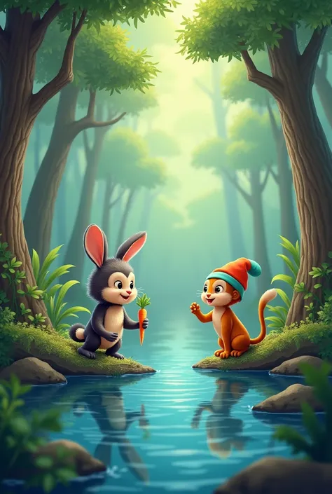 **title: "The power of friendship " (The power of friendship )**  

**Scene 1 :** A little rabbit in a lush forest  "Mozo " He was eating carrots under the tree Suddenly a monkey "Chose " He came down from the tree and shouted : "ارے Mozo ! Today we should...