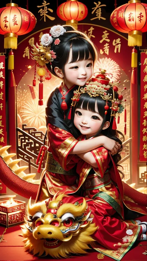 5 girls hugging cute barongsai, ancient chinese putr, dragon chinese god , tiny, Festive , Chinese New Year , firecrackers , fireworks 