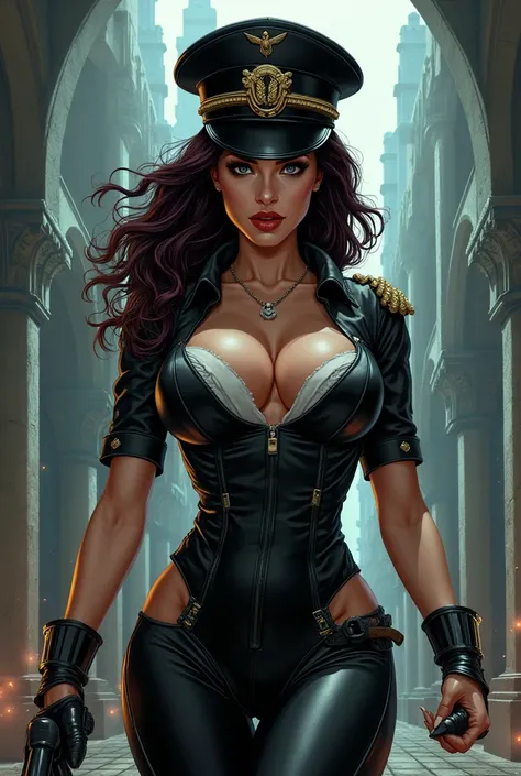 A sexy woman,  as an imperial comic in the style of Warhammer 40000, tight tight uniform , deep neckline,  Peaked cap with double head metal eagle on