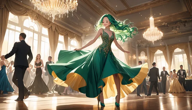 beautiful woman dancing at a party, long jade green hair, golden dress, smiling, high heels pumps, intricate dress design, graceful movement, ballroom dancing, elegant pose, dramatic lighting, luxury event, opulent setting, opulent ballroom, chandelier, de...