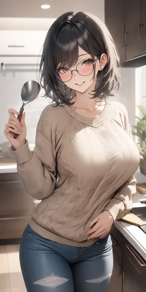 top quality, masterpiece,  high resolution, 8k, 1 girl, Alone, (((cowboy shot))), milf, Busty MILF, gentle black droopy eyes,  dark-haired shorthair on a suburban road, Cute Glasses, beige summer sweater with jeans, Holding a ladle in the right hand, Marri...