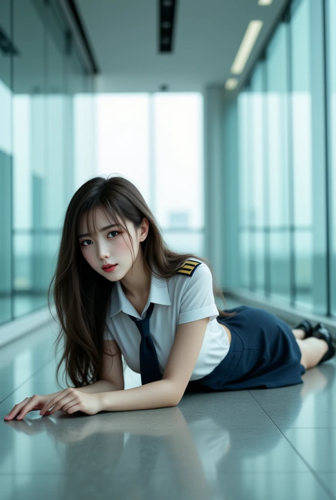 ((Sexy beautiful Japanese woman, a self defense officer uniform, wearing a white short-sleeved shirts, navy blue tie, navy blue pencil skirt, Black patent high heels) :1.5), beautiful hip-line, Beautiful thighs, The woman is lying face down on the floor, u...