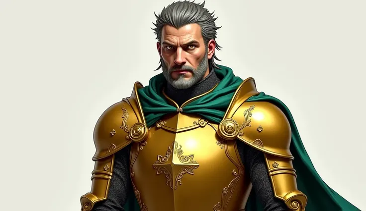 A skilled knight wearing gold armor and a green cloak、grayish brown short hair、solo,  high resolution,  golden eyes,  high resolution,  top quality,  textured skin,  braids, Beard, Solemn,  standing picture, Dribbble,  super detailed , Reality, Artistic, 