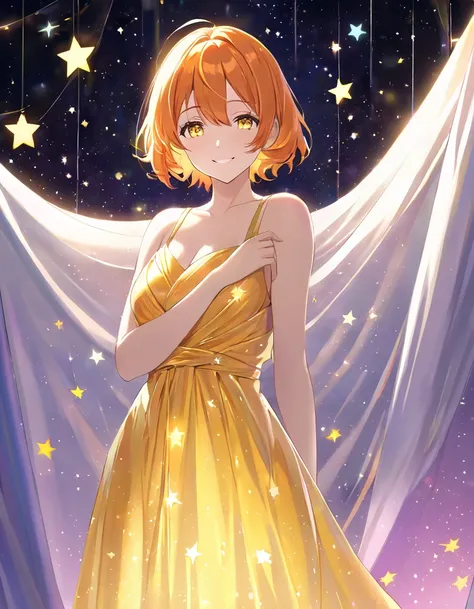  ADULT WOMAN,  short orange hair and neon yellow eyes 、Looking down and smiling 、She is wearing a Venus dress and is wrapped in a curtain of light、 scattered star background 