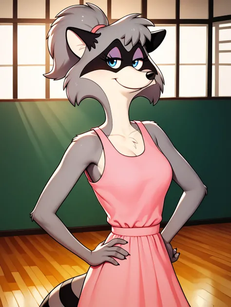 quality,ultra high resolution, ultra, seductive, (extremely detailed), detailed background,,(masterpiece, best quality, high quality, highres, ultra-detailed),toon (style), flat color, lisa racoon, racoon, anthro, furry, grey fur, blue eyes, high ponytail,...