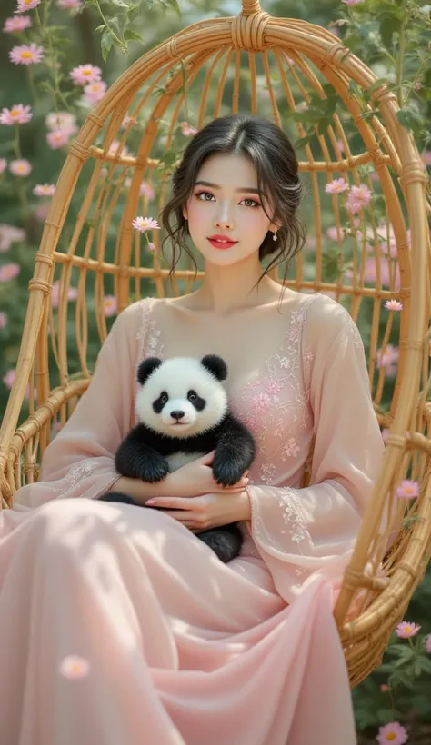 A beautiful Korean girl cute face smiling softly wearing a hijab wearing a beautiful lolita chiffon dress wavy embroidered pink flower carving sitting gracefully in a chair Swing woven wicker rattan hugging a cute panda cute many flowers Cosmos home backdr...