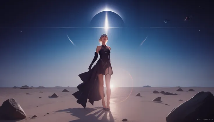 yorha10h, white hair, beautiful detailed lips, black blindfold, wearing a black elegant dress, standing on the moon, standing on the lunar surface, light gray sand and rocks, looking up at the black sky with Earth in the center, outer space, hyper-detailed...