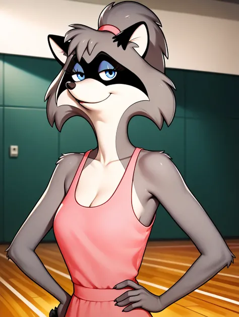 quality,ultra high resolution, ultra, seductive, (extremely detailed), detailed background,,(masterpiece, best quality, high quality, highres, ultra-detailed),toon (style), flat color, lisa racoon, racoon, anthro, furry, grey fur, blue eyes, high ponytail,...