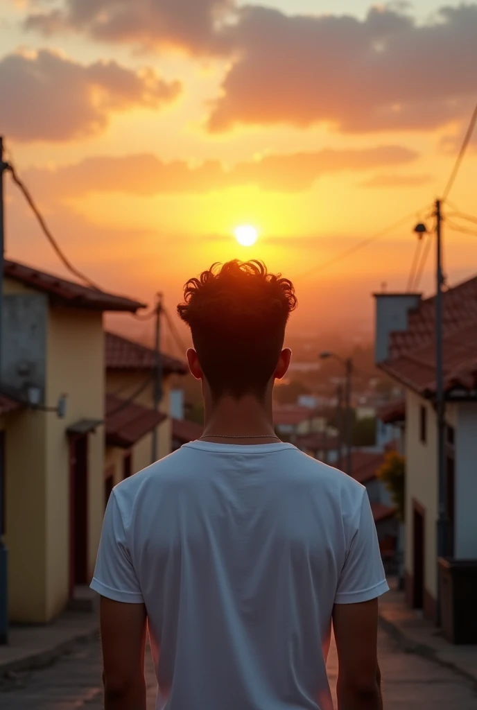 Photo of a young man wearing a white short-sleeved shirt standing on his back watching the sunset in a town in Venezuela in the state of Guarico one morning