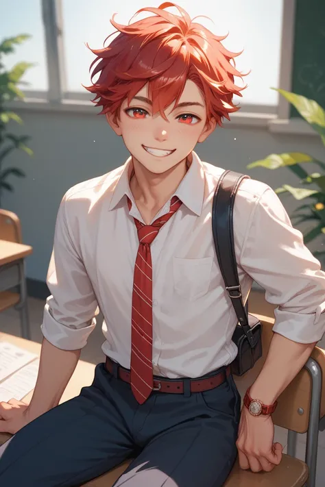 Schoolboy boy.  red hair.  orange eyes ,  smile, squints 