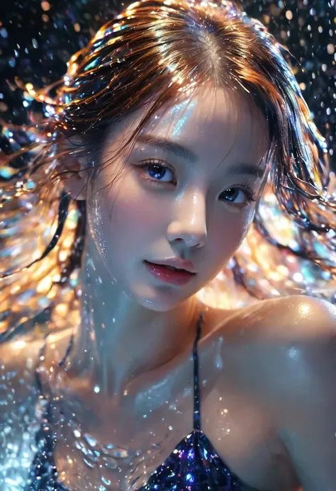  1 girl， beautiful，Glittering， motion blur，Water Drop，Cinematic lighting effects