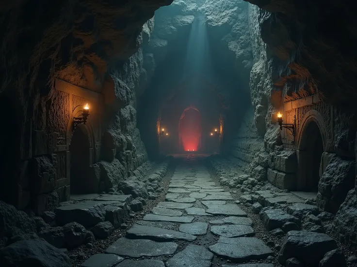 ((2D top-down perspective:1.2)), (natural rocky alleyway inside a cavern:1.3), rough-hewn stone walls, damp atmosphere, (prominent bas-relief carvings displayed on the side walls), flickering torchlight, subtle fog, moody environment, (a faint red glow ema...