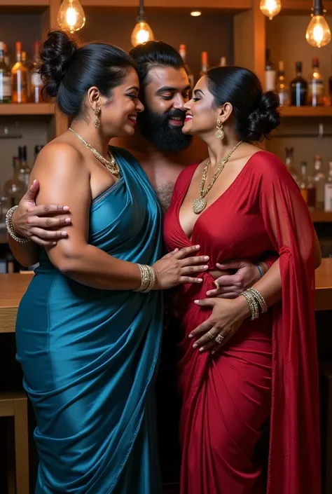 Two curvy, voluptuous, sexy, indian married dusky aunties, wearing shiny transparent blue silk long sari and red low neck silk blouse,Big thighs, scooped Big breast, Voluptuous Body, messy bun, lipstick, smiling face, strap high heels, Jewellery, white ski...