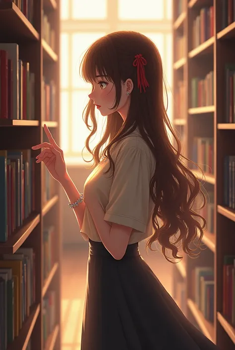 A pretty, slim, and 160 tall female student with bangs, long brown wavy hair, silver mine, and a beige , A girl with a ribbon with red ,  skirt is looking around the school library