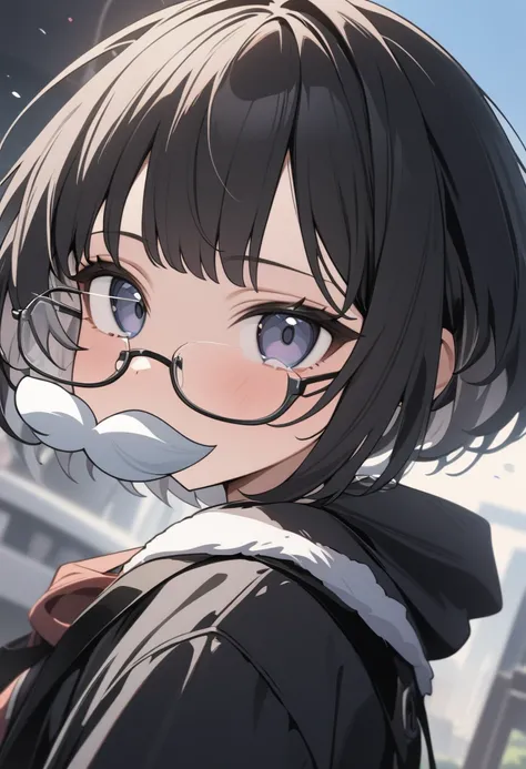 1girl,(chibi:1.4),black short hair,(= =:1.4),fake mustache,(wearing eyewear:1.3),no mouth,portrait,dynamic angle,masterpiece,best quality,amazing quality,absurdres,very aesthetic,newest,