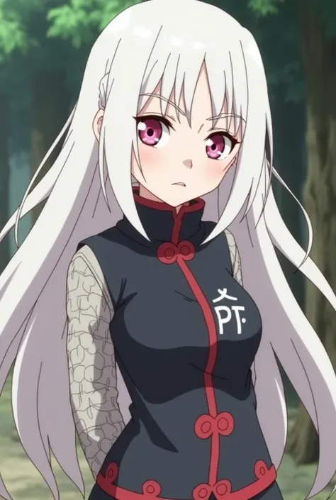  Naruto Shippuden screenshot of a  girl with very long white hair with loose hair but with a braid, white,  white eyes but with big pastel pink pupils ,  large eyelashes,  diamond-shaped face hair,  She wears tight pants with a skirt and a wide but black s...