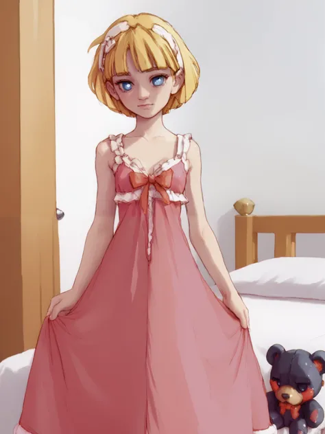a very young ,  Long dress in pink pajamas   、  Full image of a girl holding a teddy bear  ,   blue eyes、 Light pink room in the background  、 short hair, mystery,bow hair,  whole body,bed in the background 、 Blue eyes and  short hair ,quarto feminino beau...