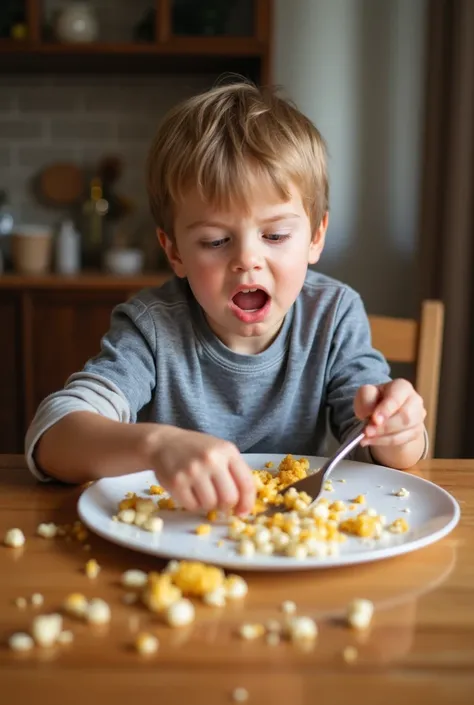 

"A  boy is eating food at a dining table. He is playful and careless, dropping food on the table and floor, wasting it. The scene is indoors with a warm, natural light setting. The boy looks innocent but mischievous as he spills and throws bits of food a...