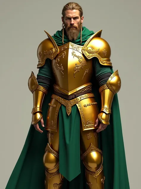 A skilled knight wearing gold armor and a green cloak、bleached brown short hair、solo,  high resolution,  golden eyes,  textured skin,  braids, Beard, Solemn,  full body standing picture,