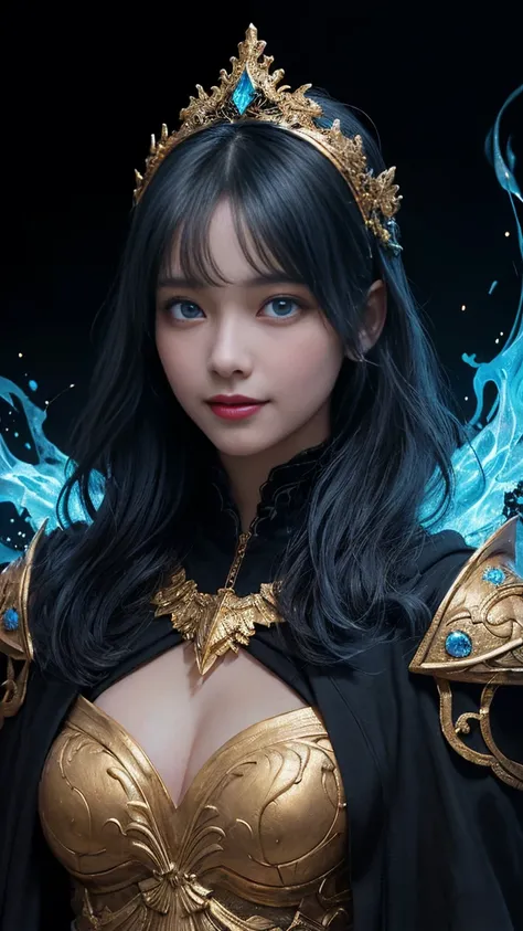 darkness cool girl,(blue wave hair),(glowing light blue eyes),(wearing black wizardlike luminous decoration  armor and Intricate gold and glowing crystal headdress on her head and black cloak 1.5),(blue flame in her hand 1.5 ),( Fearless smile 1.2),((blue ...