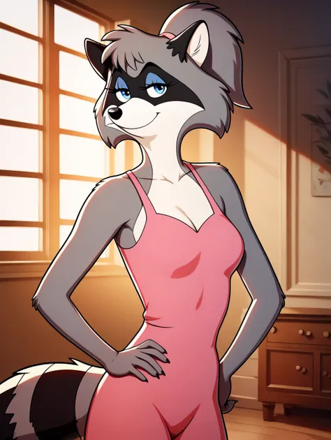 quality,ultra high resolution, ultra, seductive, (extremely detailed), detailed background,,(masterpiece, best quality, high quality, highres, ultra-detailed),toon (style), flat color, lisa racoon, racoon, anthro, furry, grey fur, blue eyes, high ponytail,...