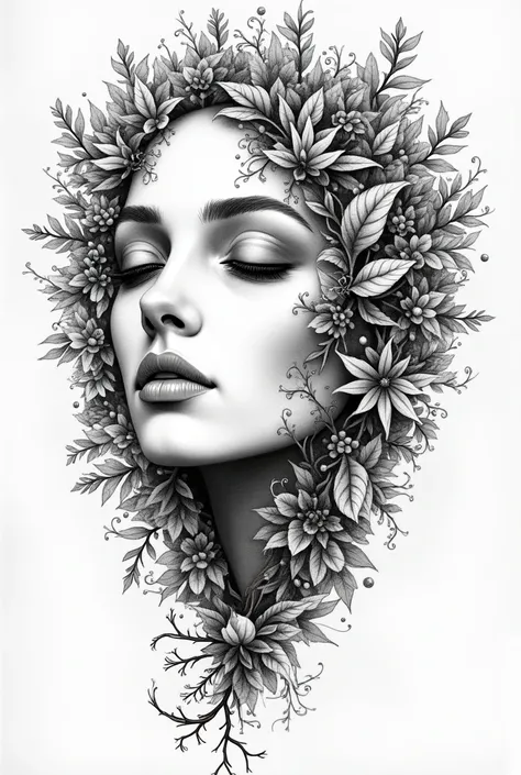  Create a black and white image of a detailed woman's face made out of leaves and branches, pen and ink stylized, intricate detail