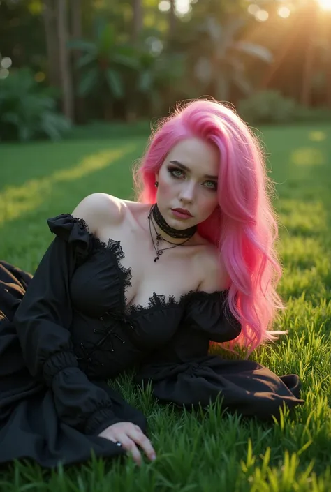 Goth girl with pink hair in a sensual position on the lawn