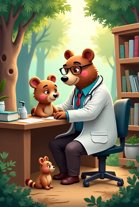 "A friendly bear doctor in a white coat, treating a small woodland animal, surrounded by medical tools and books in a cozy forest clinic."
"A bear wearing glasses and a stethoscope, examining a patient in a forest setting with trees and natural light strea...