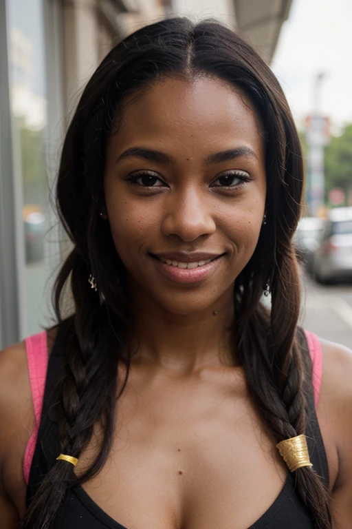 African black woman, very dark ebony skin, dreadlocks, Fitness musclular body, smile, street wear, close-up portrait, street Block