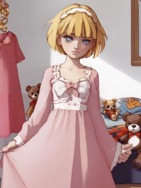 a very young ,  Long dress in pink pajamas   、  Full image of a girl holding a teddy bear  ,   blue eyes、 Light pink room in the background  、 short hair, mystery,bow hair,  whole body,bed in the background 、 Blue eyes and  short hair ,quarto feminino beau...