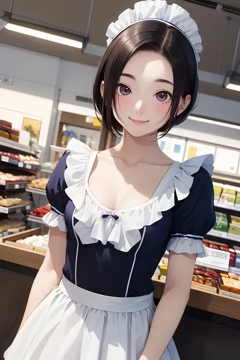 masterpiece,( top quality:1.5), ( high resolution:1.5),  18 year old woman,Kobayakawa Rinko ,  short bob, detailed eyes , small breasts, with outstanding style , pastel green maid clothes,  Maid Headdress ,  cowboy shot,  standing, Inside the store,  lift ...