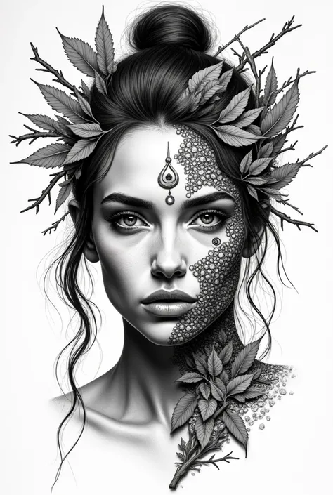  Create a black and white image of a detailed woman's face made out of leaves and branches, pen and ink stylized, intricate detail, tribal tattoo style