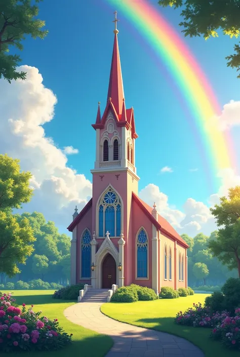 Medium-sized church，spring，rainbow