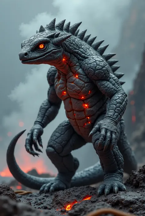 "A quadrupedal rock lizard creature with a rugged, cracked stone body. Its dark gray body has deep glowing red fissures resembling magma veins. It has a long, pointed rock tail and a head covered with a stone-like helmet. Its glowing red eyes give it a fie...