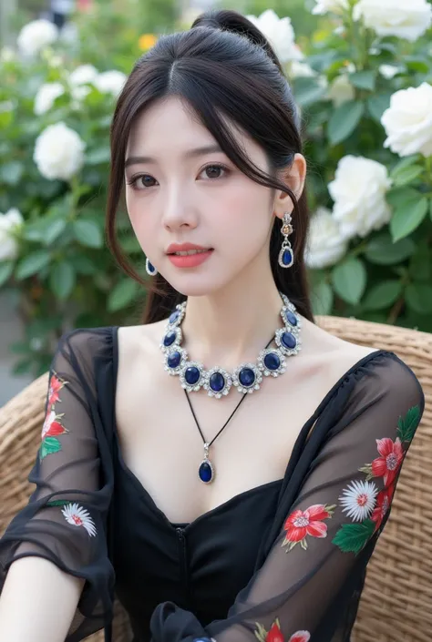 (Detailed body, detailed face, best quality: 1.2), Beautiful Korean female model upper body close-up, looking at the viewer, high ponytail, bird feather earrings, necklace, off-shoulder and black transparent silk printed with floral pattern Shirt, makeup, ...