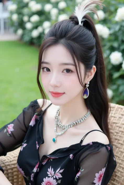 (Detailed body, detailed face, best quality: 1.2), Beautiful Korean female model upper body close-up, looking at the viewer, high ponytail, bird feather earrings, necklace, off-shoulder and black transparent silk printed with floral pattern Shirt, makeup, ...