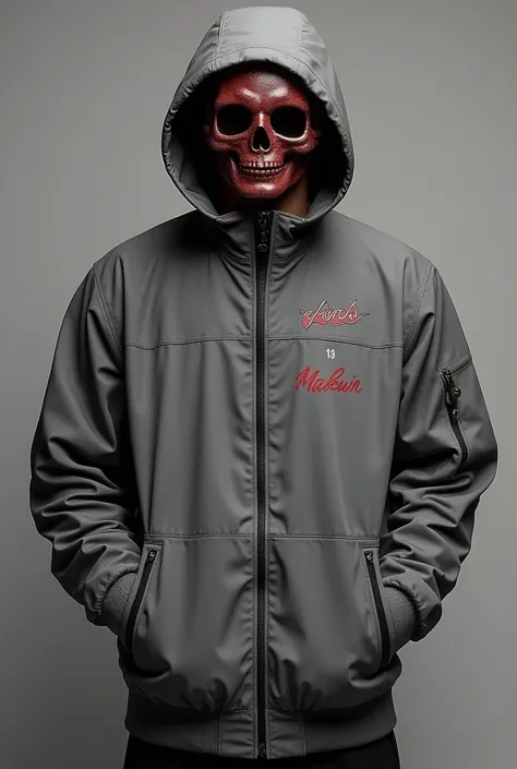  Create me a jacket made of windbreaker material , gray in color # CBCBCB with the oni mask in vinotinto , with an embroidery that says  "name"  on the bottom but that highlights y  "AP"  small on the front side of the chest,  those details the same in vin...