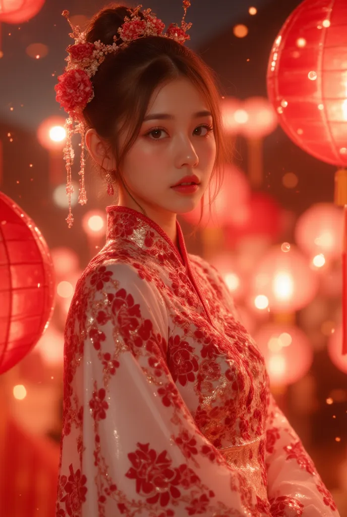 A beautiful female, is clad in a breathtaking gorgeous red & white porcelain hanfu, surrounded by floating lanterns in shimmering hues adorn. celebrating Lunar New Year. Masterpiece. Starry night. The soft, diffused lighting enhances the pastel tones of th...