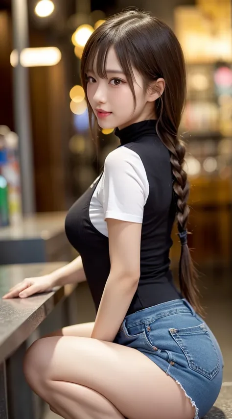   beautiful girl,  Very Pretty and Detailed Face ,   laugh shyly, Deep Valley), ((With the camera behind))、(彼女は  big breasted with a cross eyeをしている、white and black striped high neck rib knit t-shirt.  denim skirt  、  facing sideways to the viewer、  show me...