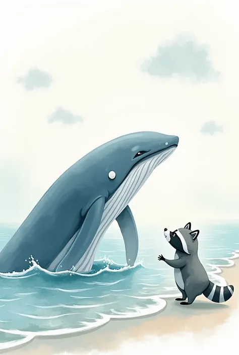 A watercolor drawing of a raccoon and a whale