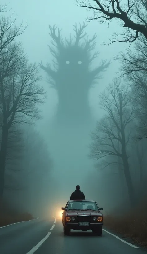 A young man drives a car on a quiet road, surrounded by tall towering trees. Thick fog enveloped the atmosphere, the branches looked like hands gripping the sky.