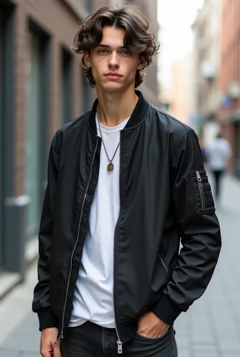 Tall and slim 17-year-old teenager ,  with an athletic build that suggests an active lifestyle .  His hair is dark brown with natural waves that are usually slightly disheveled,  a style that reflects his relaxed personality .  Her style is urban and moder...