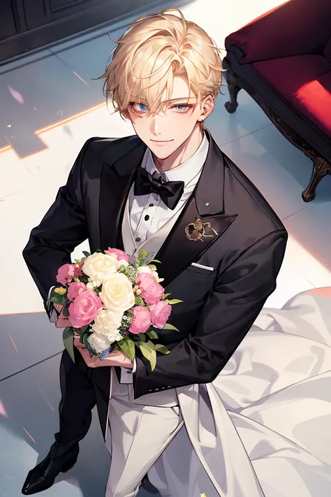  young、Male 1、The only good-looking guy （（、 blonde、outsider、 tuxedo、 handsome、Good Youth、They're narrowing their eyes and smiling 、I'm looking here、 they're reaching over here、 holding a bouquet of flowers 、 face up、front）） composition from above 、 photos、...