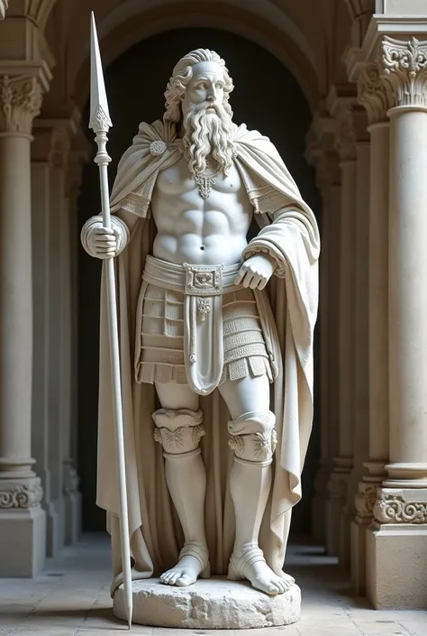  corps entier, statue de marbre blanc majestueuse d'un vieux guerrier Solo aux longs cheveux blanc et à la grande barbe blanche, en armure complete sans casque,armé d'une épée et d'un bouclier regardant le spectateur les lèvres écartées, allusions à l'immo...