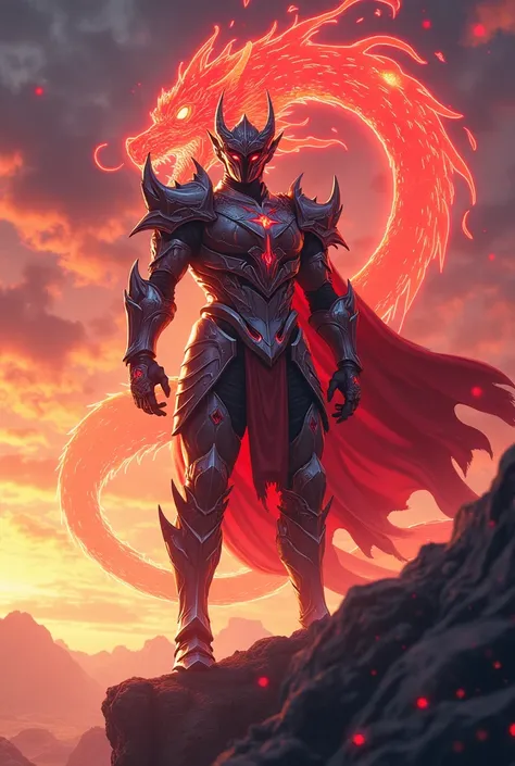 A powerful warrior wearing a gleaming, dragon-themed armor with intricate scales and ruby red details, resembling a mythical dragon. The armor has a helmet shaped like a dragon's head, sharp shoulder plates, and glowing accents. The warrior stands confiden...